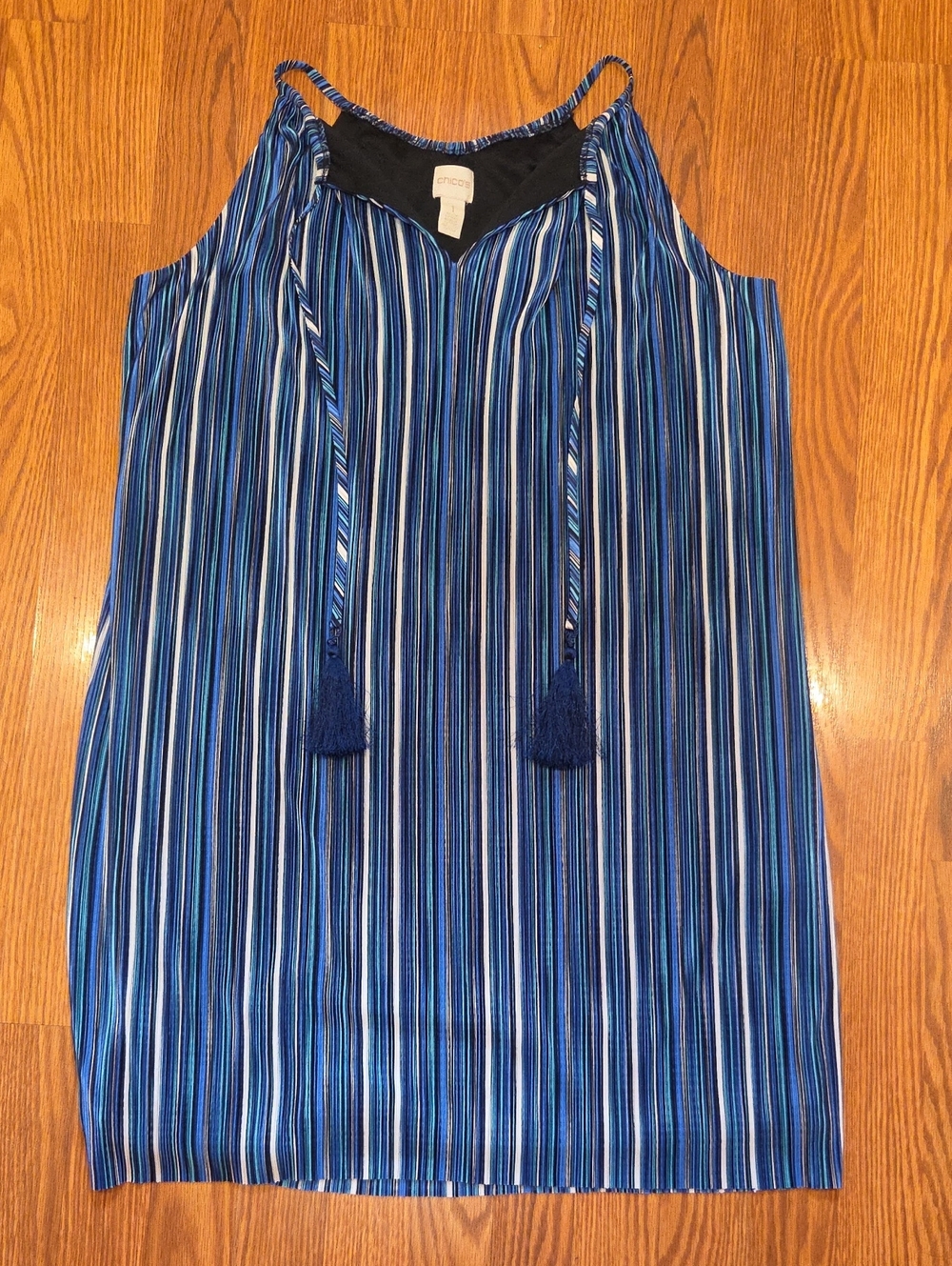 Chico's Blue Multi-Striped Sleeveless Sundress With Fun Tassels